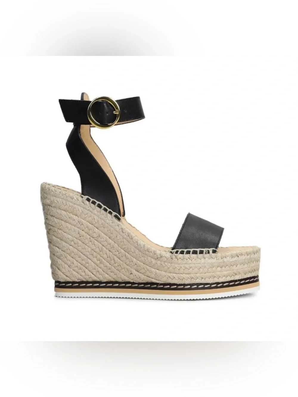 Odissi LILY BLACK LEATHER HIGH WEDGE ESPADRILLE Size 6 Black 36IT